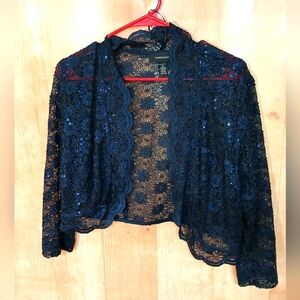 R & M Richards Navy Sequin Lace Open-Front Bolero Jacket